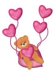teddy bear with heart balloons illustration, Teddy Love Vector Illustration with Heart Air Balloon for Valentine Banner, Poster, Art Print