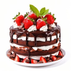 A decadent chocolate cake with strawberries and cream