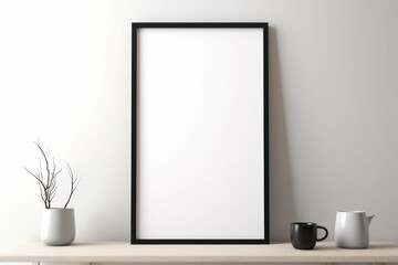 Blank wooden picture frame with white background mockup. Interior design, still life