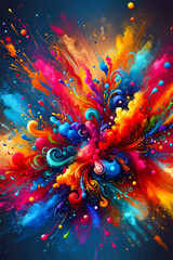Abstract explosive burst of color, reminiscent of Holi powder explosion, colorful background. Textured dynamic of splashes, high-energy, visually striking composition conveys creativity, celebration
