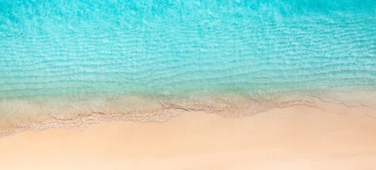 Papier Peint photo Turquoise Sunny gold sandy beach, panorama. Panoramic view tranquil sandy beach. Peaceful sea waves shore. Ocean coast view. Aerial photography beachfront. Seaside exotic tropical Mediterranean nature landscape