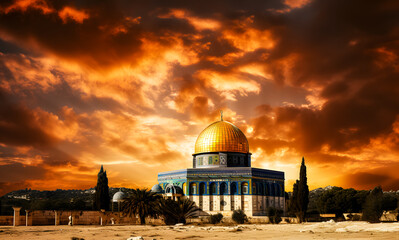 Fototapeta premium Al Aqsa Mosque or Dome of the Rock in Jerusalem, Palestine Israel. Sunset scene. The mosque where the Prophet's Isra and Mi'raj