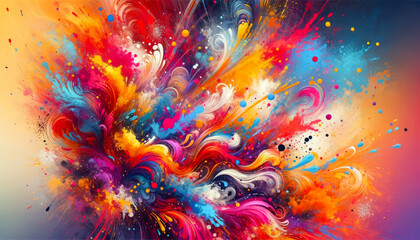 Abstract explosive burst of color, reminiscent of Holi powder explosion, colorful background. Textured dynamic of splashes, high-energy, visually striking composition conveys creativity, celebration - obrazy, fototapety, plakaty