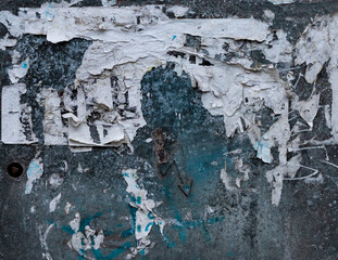 Torn Ripped Aged Paper Urban Street Blue Gray Wall Surface. Leaking Paint. Grunge Rough Dirty Rust...