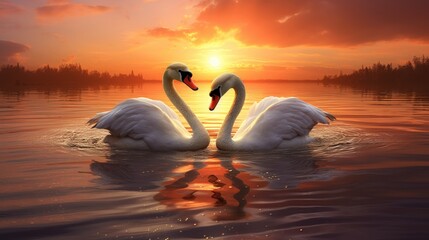 Two Swans Over Lake on Sunset Background, The romance of a white swan with a clear beautiful landscape. Generative AI