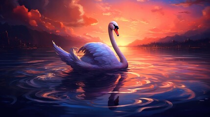 Swans Over Lake on Beautiful Sunset Background, Generative AI - obrazy, fototapety, plakaty