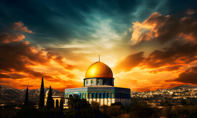 Naklejka premium Al Aqsa Mosque or Dome of the Rock in Jerusalem, Palestine Israel. Sunset scene. The mosque where the Prophet's Isra and Mi'raj