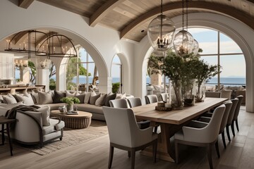 Fototapeta premium Modern coastal living room and dining room with vaulted ceilings and ocean views