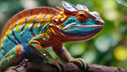 Obraz premium Macro photography of a colorful chameleon, Generative AI
