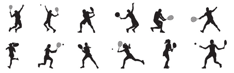 set of men and women tennis players silhouette on white background. Vector illustration
