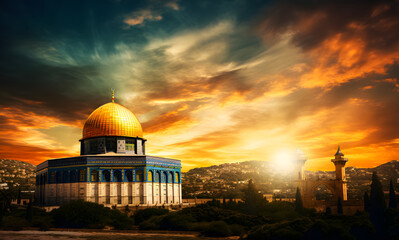 Obraz premium Al Aqsa Mosque or Dome of the Rock in Jerusalem, Palestine Israel. Sunset scene. The mosque where the Prophet's Isra and Mi'raj