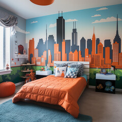 City Skyline Wallpaper in a Teenager's Room generative ai