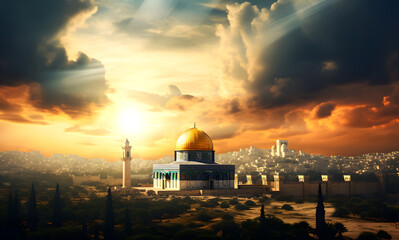 Obraz premium Al Aqsa Mosque or Dome of the Rock in Jerusalem, Palestine Israel. Sunset scene. The mosque where the Prophet's Isra and Mi'raj