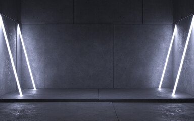 Grayscale old concrete room, white slanted neon lamps, copy space, background interior stage, 3d...