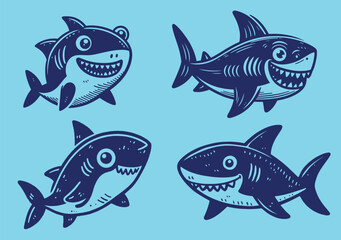 Cute cartoon funny baby shark. Set icon. Simple monochrome silhouette