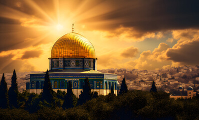 Fototapeta premium Al Aqsa Mosque or Dome of the Rock in Jerusalem, Palestine Israel. Sunset scene. The mosque where the Prophet's Isra and Mi'raj