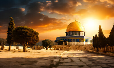 Al Aqsa Mosque or Dome of the Rock in Jerusalem, Palestine Israel. Sunset scene. The mosque where the Prophet's Isra and Mi'raj