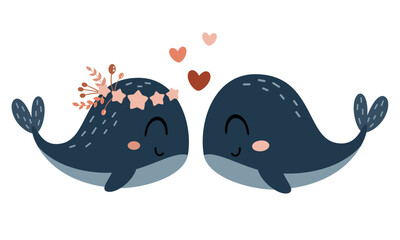 Valentines day clipart. Valentines whales in cartoon flat style. Kids Valentines illustration. © JulzaArt