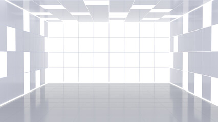 Modern minimalist white room with geometric designs and bright lighting. 3D illustration.
