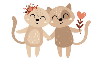 Valentines day clipart. Valentines cats in cartoon flat style. Kids Valentines illustration.