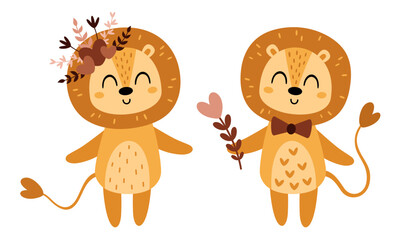 Valentines day clipart. Valentines lions in cartoon flat style. Kids Valentines illustration.