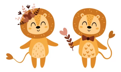 Fotobehang Aap Valentines day clipart. Valentines lions in cartoon flat style. Kids Valentines illustration.