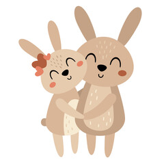 Valentines day clipart. Valentines rabbits in cartoon flat style. Kids Valentines illustration.