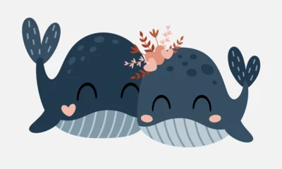 Foto op Plexiglas Valentines day clipart. Valentines whales in cartoon flat style. Kids Valentines illustration. © JulzaArt