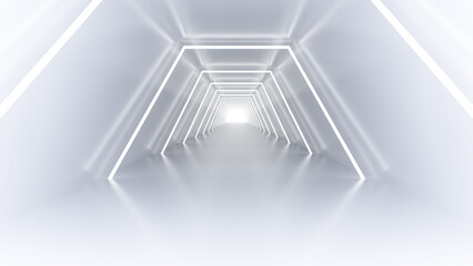 Futuristic tunnel illuminated with bright, white neon lights, sense of depth and infinity. 3D illustration.
