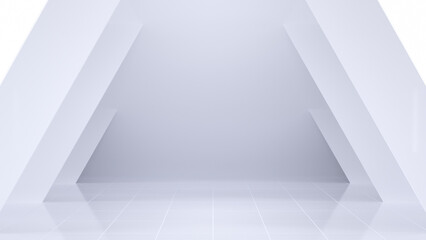 Minimalist 3D render of a white room with angular walls and a reflective floor.