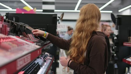 makeup cosmetics shop In store, sample of lipstick is chosen for lip gloss, young girl chooses lip gloss near mirror. buys cosmetics puts on makeup with backlight beauty adolescence teenage girl woman