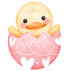 cute baby duck hatching from pink easter egg colorful watercolor isolate