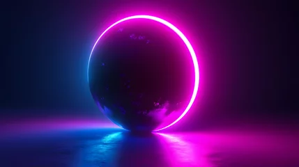 Fotobehang 3d render, glowing sphere, ultraviolet neon light, blank space, pink blue disco ball, bubble, balloon, abstract minimal background, network connections, laser show © john