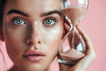 Young woman holding hourglass. Aging process and youth concept, stop the time, anti aging treatment, beauty and cosmetics. Young girl portrait with smooth clean skin and perfect glowing makeup