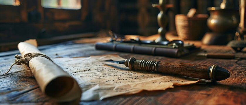 Wooden table rests an antique quill alongside a rolled parchment