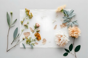 flowers . Captured from above top view, flat lay on white chalkboard background. Layout with free space. clean, minimalist. in light tone 8k, trending on Architectural Digest, trending on Archdail,.