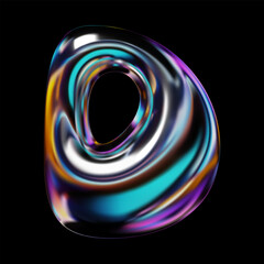 Holographic glossy 3D letter D, Y2K retro futuristic style with metallic reflection. Balloon bubble effect, volumetric render, isolated vector illustration