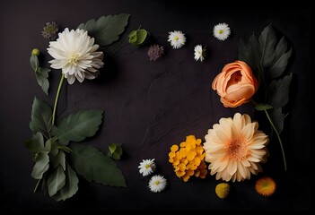 flowers . Captured from above top view, flat lay on black chalkboard background. Layout with free pace. clean, minimalist. in dark tone 8k, trending on Architectural Digest, trending on Archdaily, .