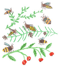 Bee or bumblebee on plant branch with red berries. Doodle hand drawn black yellow striped flying insect. Crayon, pencil pastel chalk like kid`s style vector funny cartoon summer art