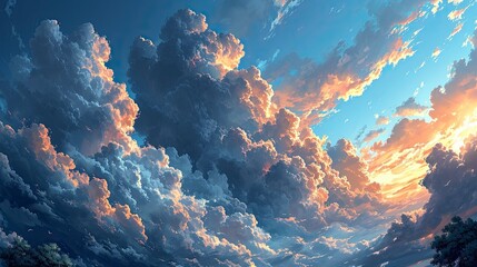Fototapeta na wymiar Sky Cumulus Clouds On Sunny Day, Background Banner HD