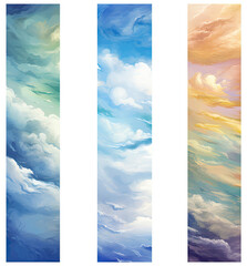 Whimsical Skies, A Trio of Colorful Clouds Cascades Down Three Vertical Banners
