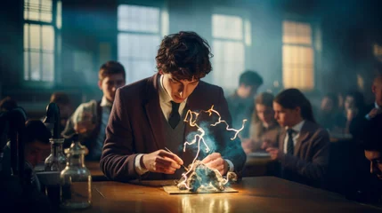 Fotobehang Illustration of a student doing experiments with electricity and plasma arcs against a background of tense atmosphere and his fellow students behind him. Science Education. Innovative teaching methods © stateronz