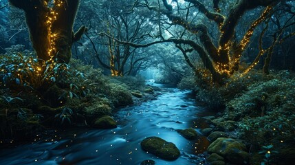 In the heart of an ancient forest, a serene river flows through towering trees adorned with bioluminescent moss
