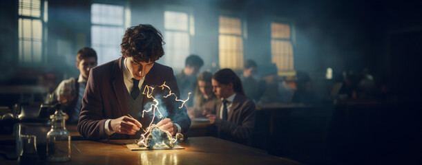 Illustration of a student doing experiments with electricity and plasma arcs against a background of tense atmosphere and his fellow students behind him. Science Education. Innovative teaching methods - obrazy, fototapety, plakaty