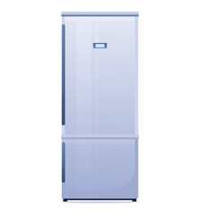 Cartoon fridge vector illustration. Flat style closed refrigerator isolated on white background. Front View of modern blue two-compartment refrigerator with freezer. 
