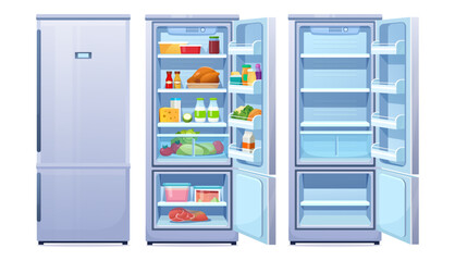 Cartoon fridge vector set. Flat style illustration with open and closed refrigerator with full and empty shelves. Front View of blue freezer with healthy food chicken, meat, fruits, milk, vegetables.