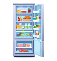 Cartoon fridge vector illustration. Flat style open refrigerator with shelves full of healthy food. Front View of modern blue two-compartment refrigerator with freezer isolated on white background.