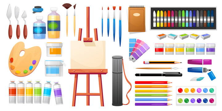 Art supplies set vector illustration. Cartoon style drawing set. Back to school, workshop, paint craft flat style concept. Painting accessories and art tools for icon, sticker, logo, print.