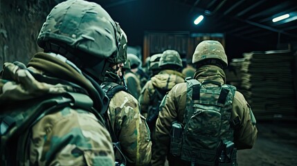 A group of special forces soldiers in a warehouse with weapons are preparing for an operation.