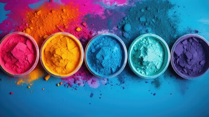 Happy Holi decoration, the indian festival. Top view of colorful holi powder